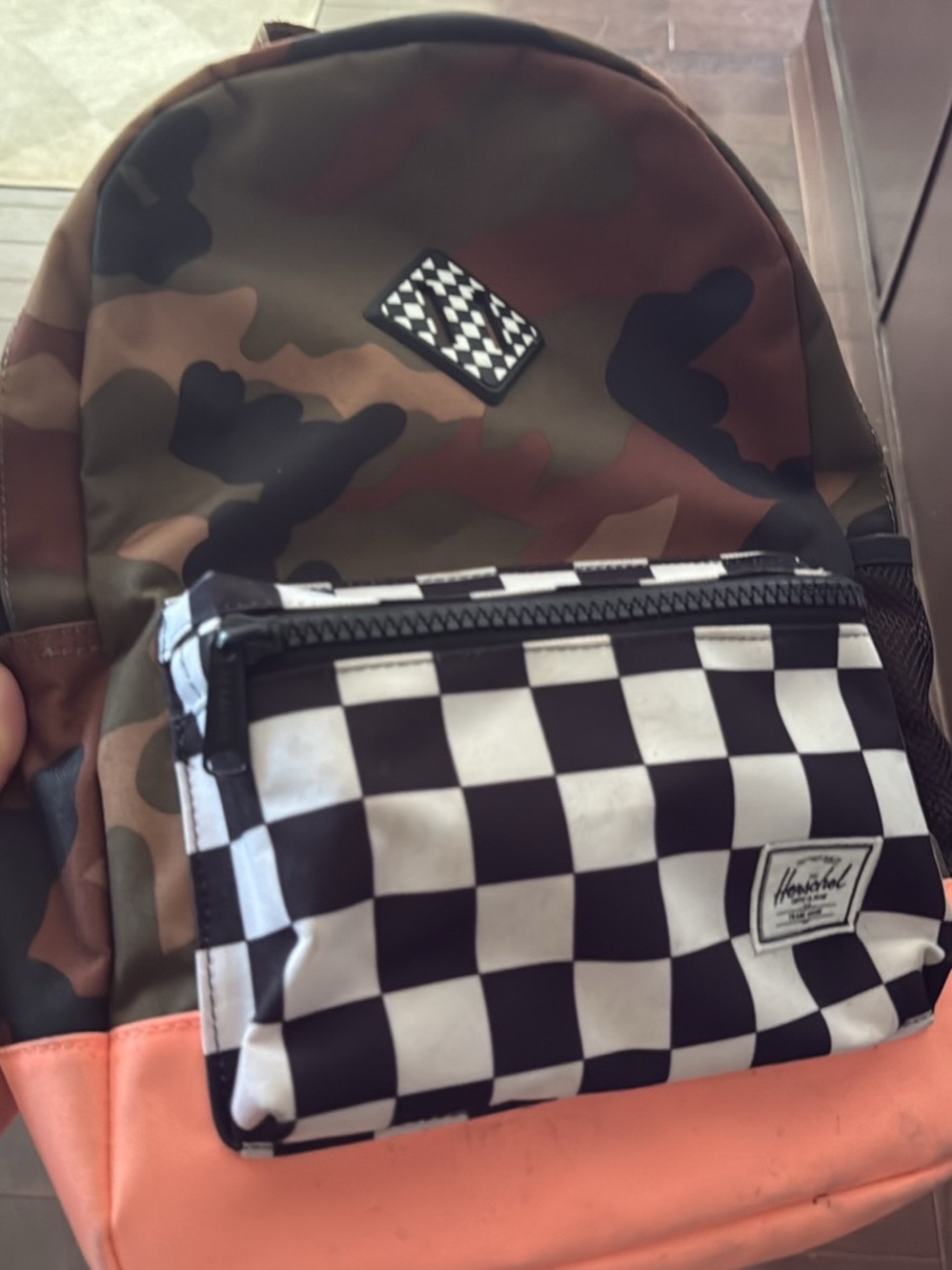 Kids Herschel Supply Company Camo Checkerboard Backpack in Brown and Black